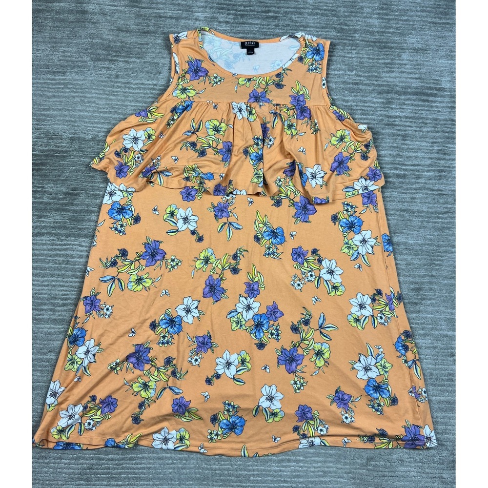 a.n.a Top Womens XL Orange Floral Sleeveless Ruffle Tiered A New Approach Knit